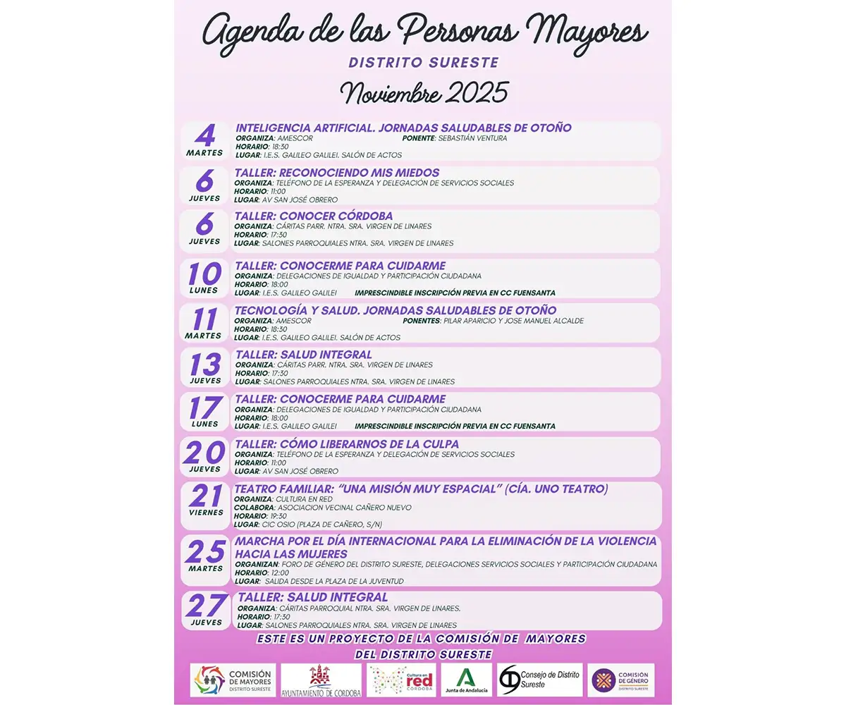 ✨ AGENDA DE LAS PERSONAS MAYORES – DISTRITO SURESTE (Noviembre 2025) ✨