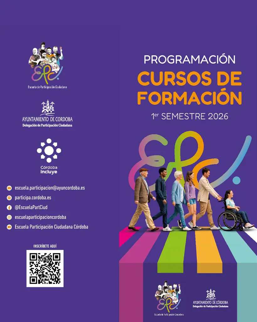 Cartel de la programación de los cursos de formación para el primer trimestre de 2026 de la escuela de participación ciudadana del Ayuntamiento de Córdoba.