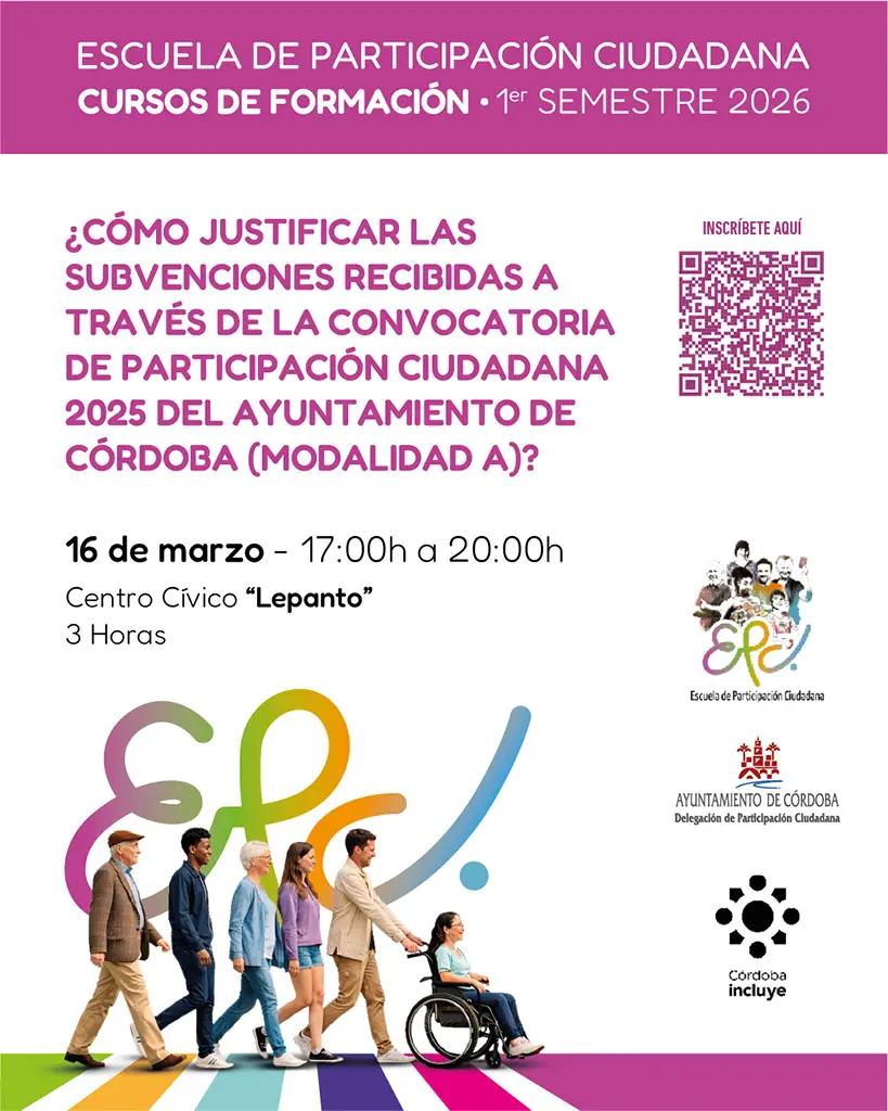 Cartel Curso cómo justificar las subvenciones recibidas a través de la convocatoria de participación ciudadana 2025 del ayuntamiento de Córdoba. Modalidad A